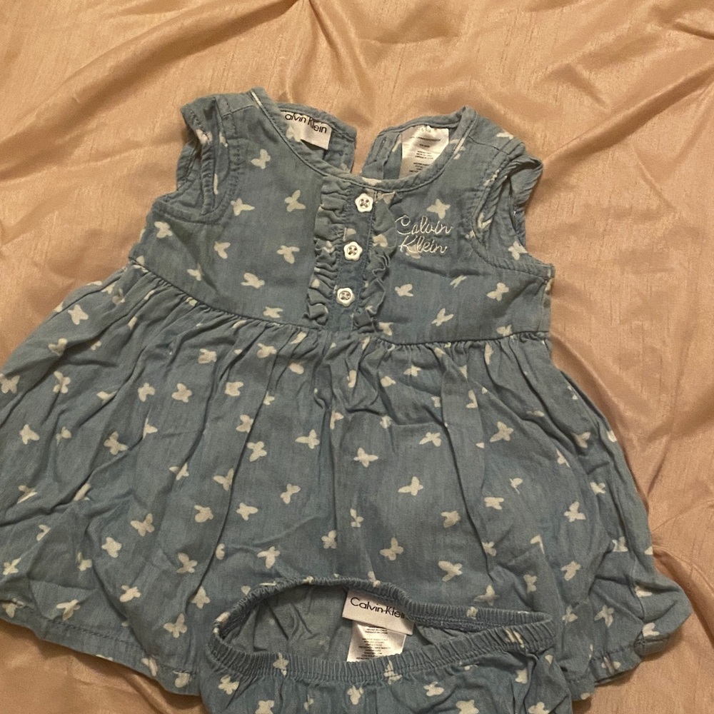 Calvin Klein Denim Blue Baby Dress with White Patterns